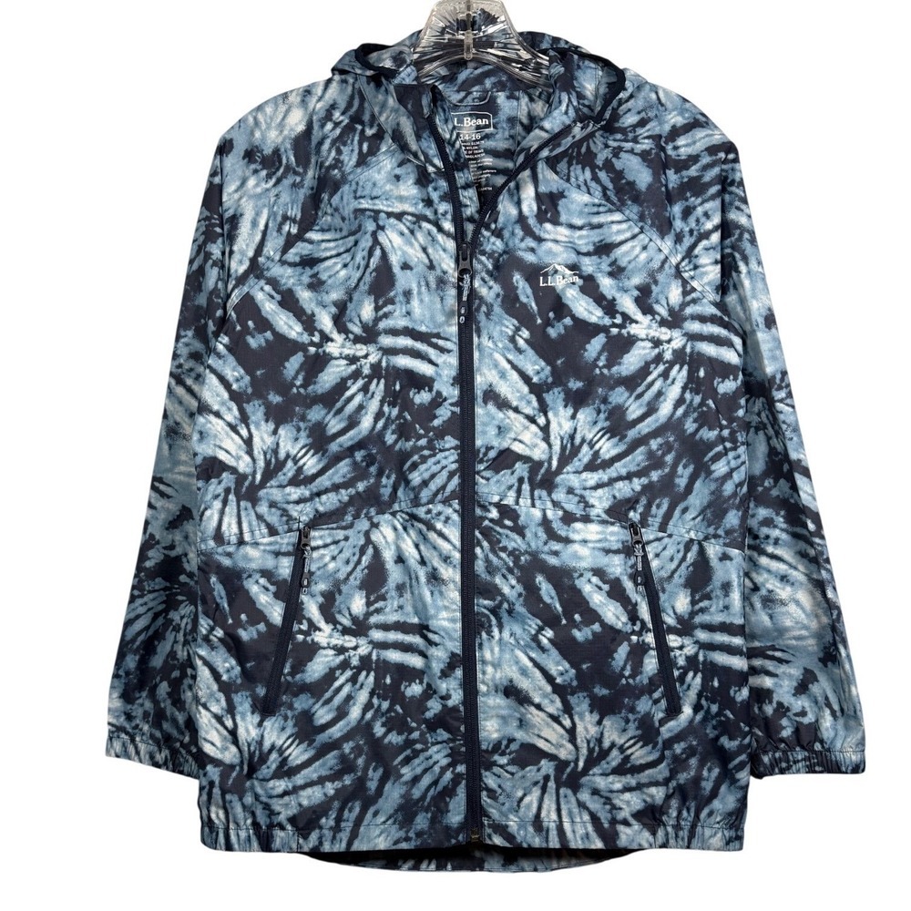 LL BEAN Kids Windbreaker Rain Jacket, Hooded, Blue Tie Dye, Size Large 14-16